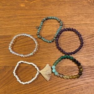 Set of 5 Beaded Stretch Bracelets - Turquoise, Purple, Clear, White, Multi